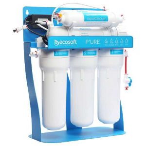 Ecosoft P’URE AquaCalcium reverse osmosis filter with pump on metal rack
